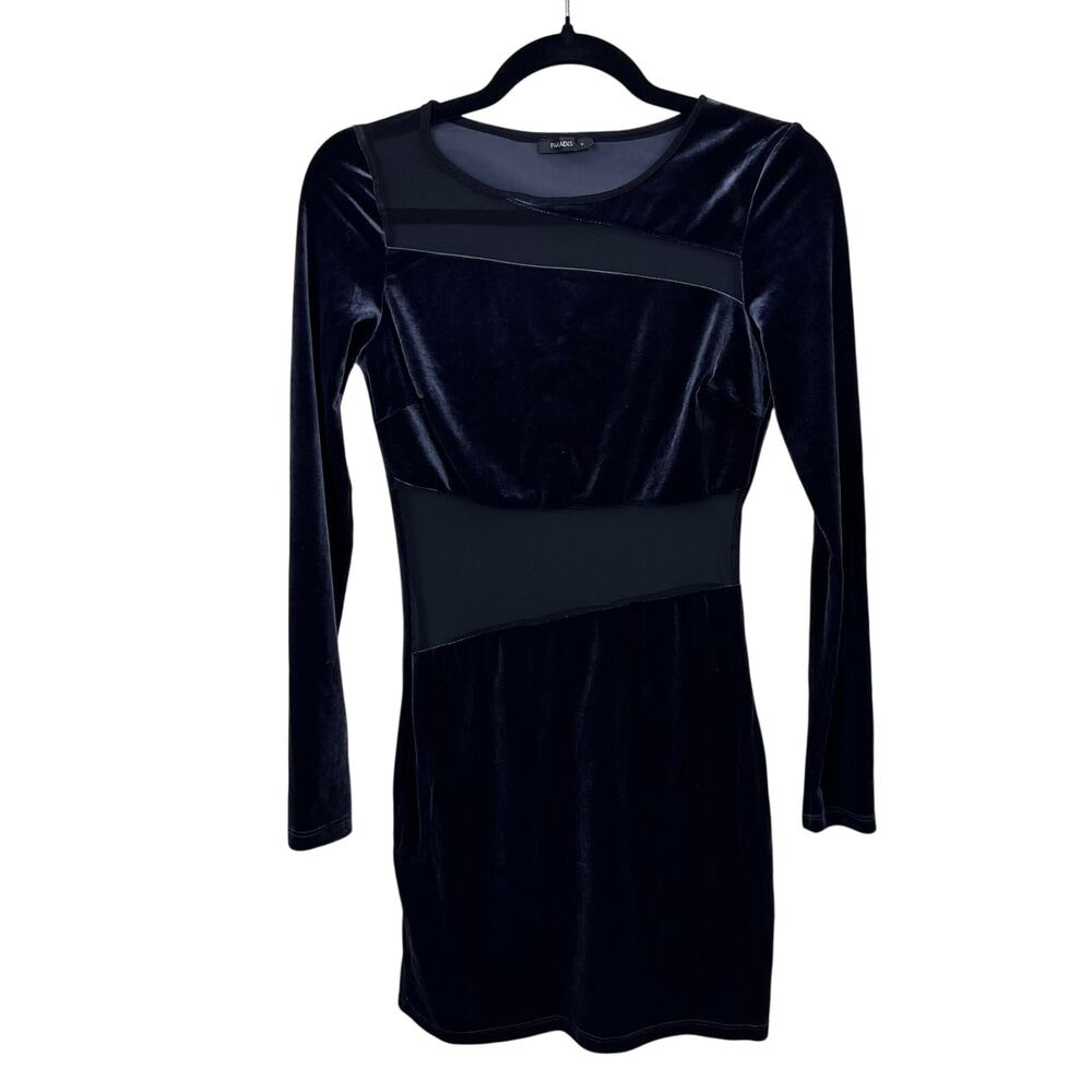 Black Velvet Mesh Bodycon Long Sleeve Dress Size 8